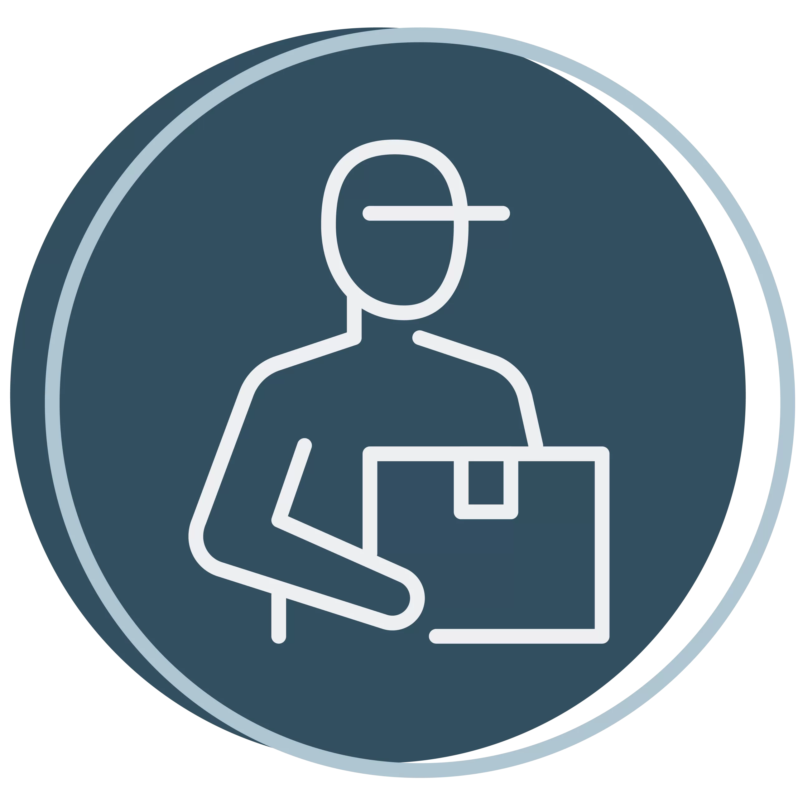 Blue icon of a mover wearing a hat and carrying a box.