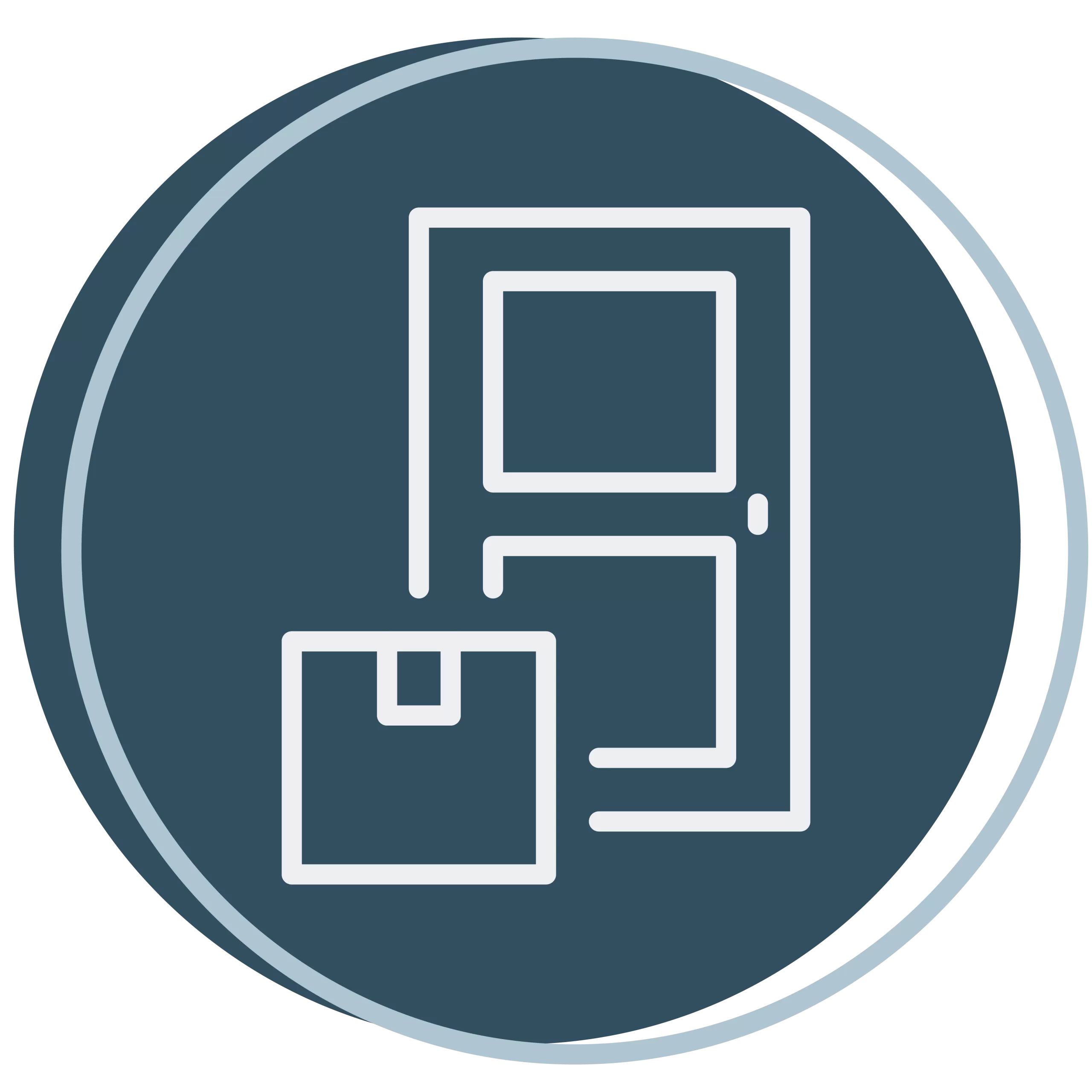 A white outline of a stylized door with a package in front on a circular blue background.