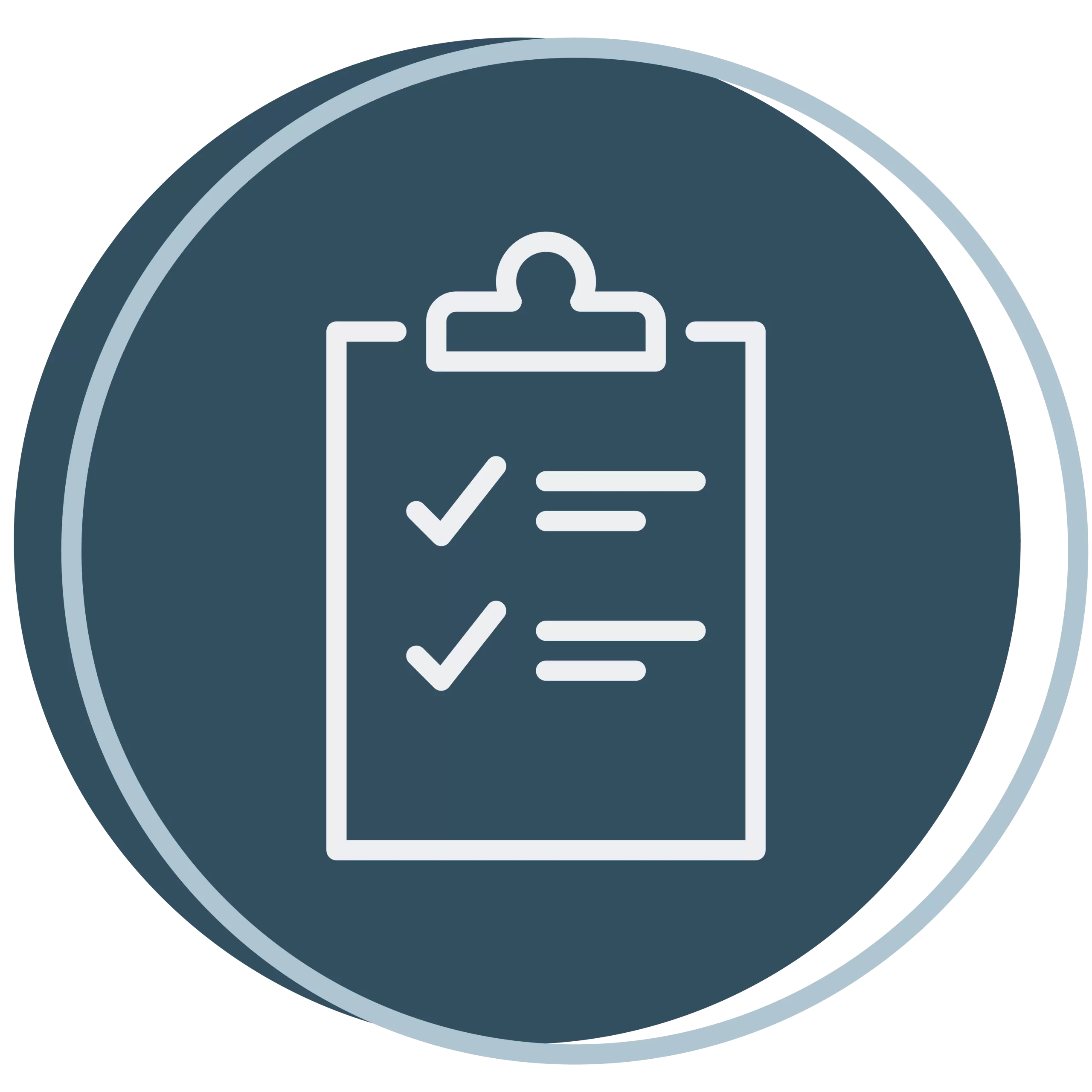 Icon of a clipboard with a checklist featuring two checkmarks and text lines in a circular frame with a blue background.
