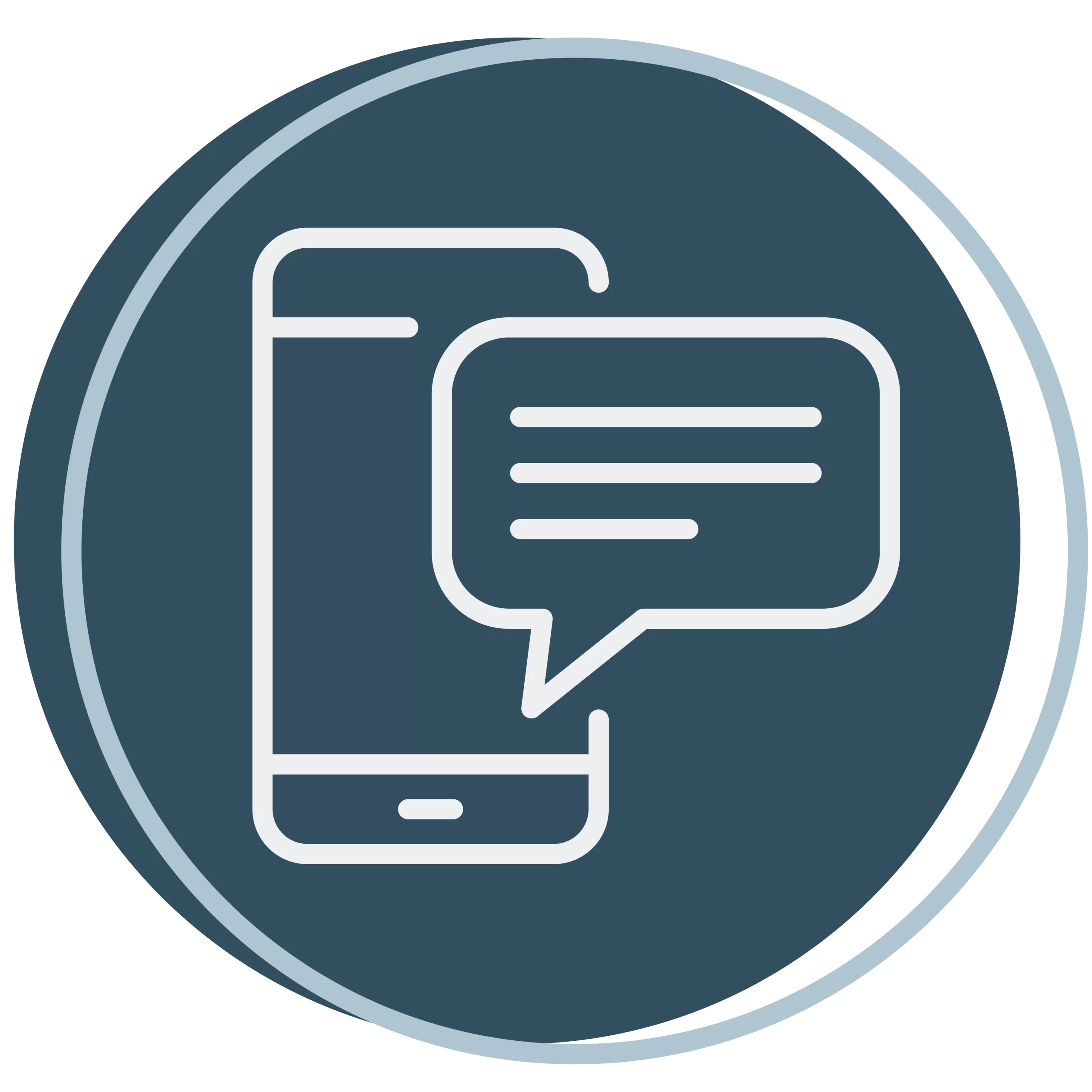 Icon of a smartphone with a speech bubble on a dark blue circular background, representing messaging or communication.