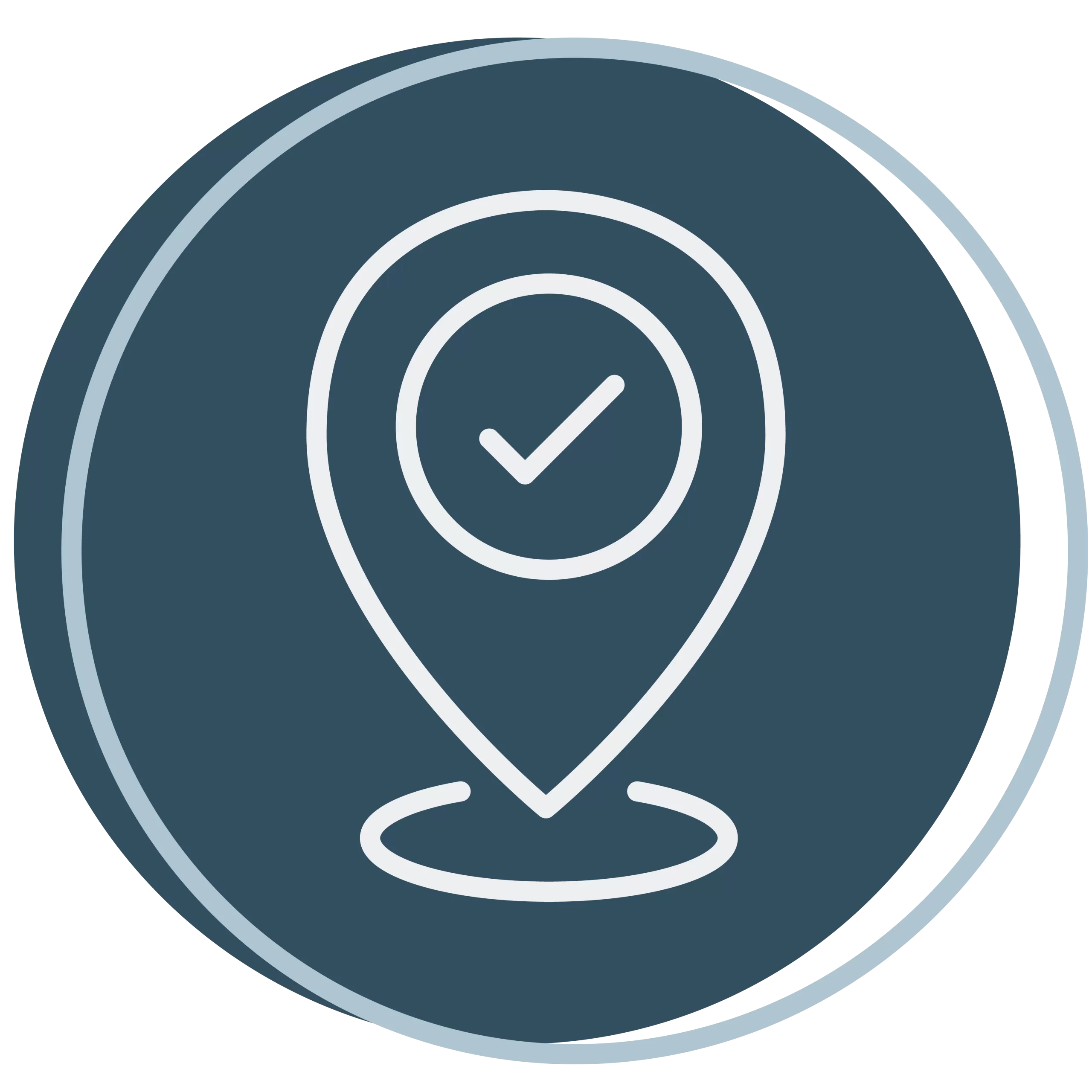 A blue circular icon featuring a location pin with a checkmark inside it, indicating success or confirmation.