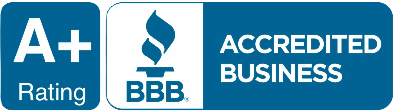 A blue and white logo showing "A+ Rating" and "BBB Accredited Business" with the BBB torch emblem.