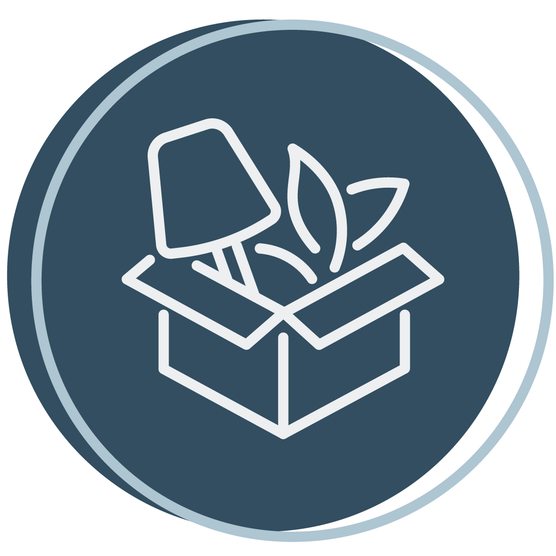 Icon showing a box with a tree seedling and a shovel inside on a dark blue circular background.