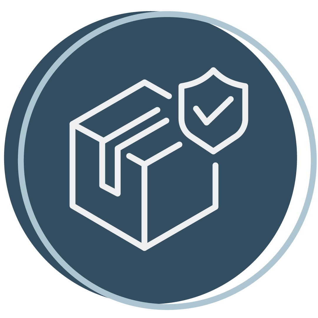Icon of a sealed package with a shield and checkmark, symbolizing secure packaging, on a dark circular background.