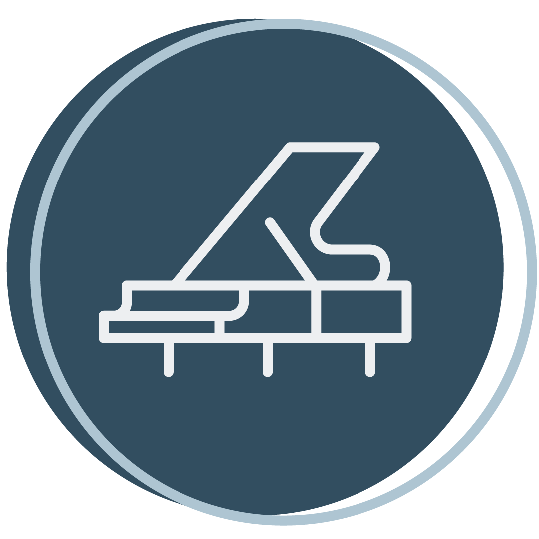 Icon of a grand piano outlined in white on a dark blue circular background.