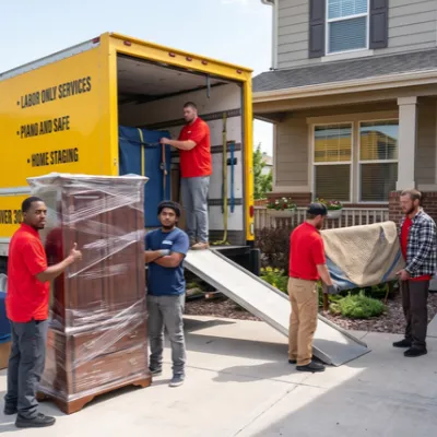 Fatboy Slims Moving Company crew loading wrapped furniture into a moving truck.