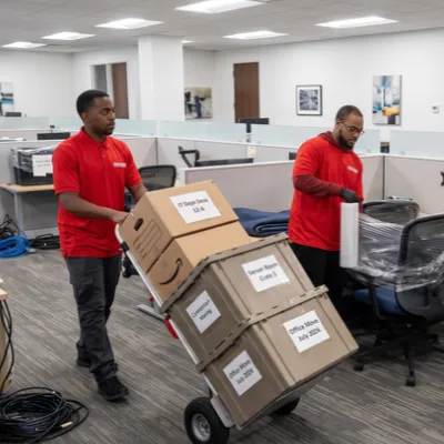 Fatboy Slims Moving Company movers transporting boxes and office equipment.