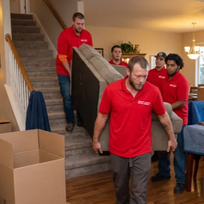 Fatboy Slims Moving Company crew carefully carrying furniture down a staircase.