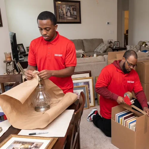 Fatboy Slims Moving Company movers carefully packing household items and framed artwork.
