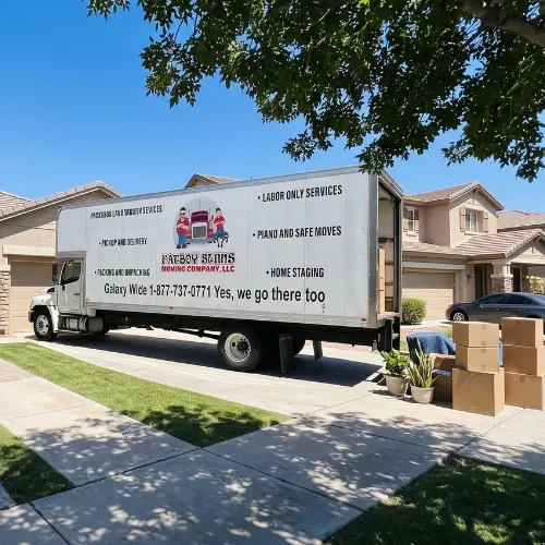 Fatboy Slims Moving Company truck parked outside a home with moving boxes nearby.