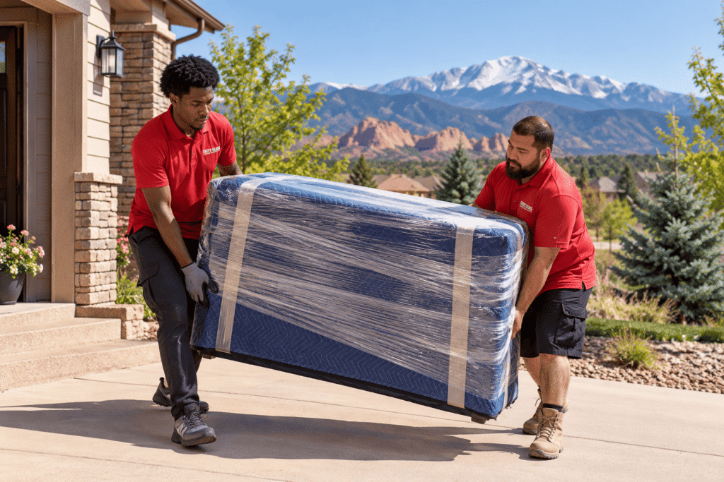 Professional movers carrying a blanket-wrapped furniture piece outside a Colorado Springs home with Pikes Peak in the background