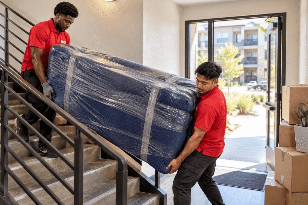 Two movers carrying a wrapped couch down an apartment stairwell with moving boxes stacked near the entrance